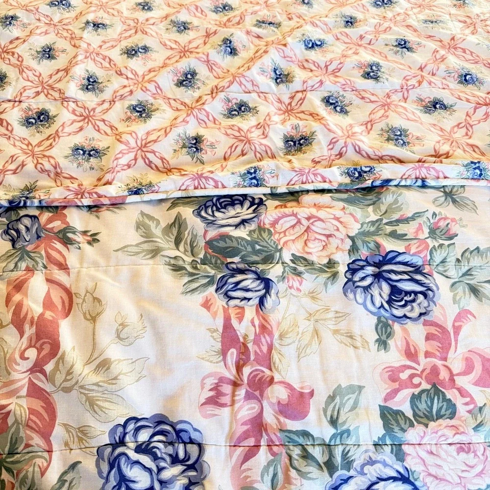 Vtg Royalty Collection Cottagecore Blue Rose Floral Comforter Pink Ribbon Full/Q